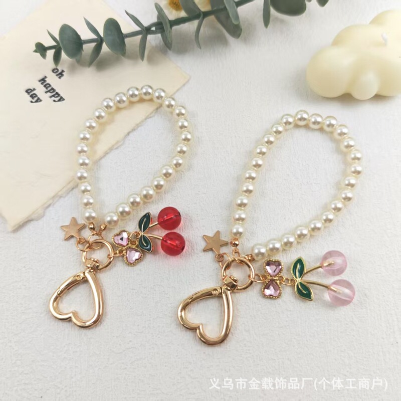 韩版ins珍珠蝴蝶结钥匙扣 少女樱桃树脂精致包包挂件汽车挂饰现货|undefined