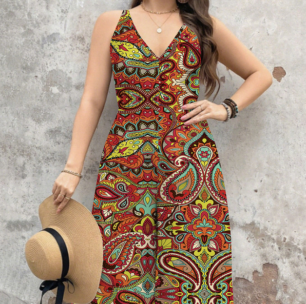 Cross-Border 2026 New Women's Clothing Amazon Ethnic Style Printed Loose Plus-Size Harem Pants Beach Strap Jumpsuit