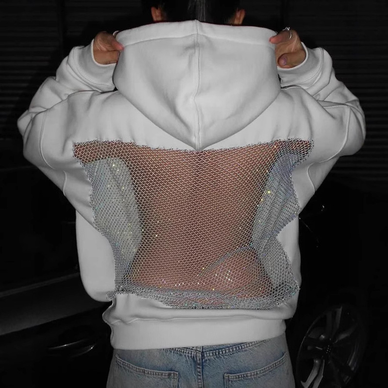 2025 Foreign Trade Women's Hooded Sweatshirt Casual Long-Sleeve Pullover Top American-Style Hollow-Out Mesh Long-Sleeve Sweatshirt for Women 2025 Foreign Trade Women's Hooded Sweatshirt Casual Long-Sleeve Pullover Top American-Style Hollow-Out Mesh Long-Sleeve Sweatshirt for Women