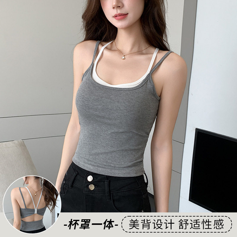 H166 偽ツーピース女性用サマースリムフィットキャミソール、胸パッド付き、ホットガールが外で着用できるトップス|undefined