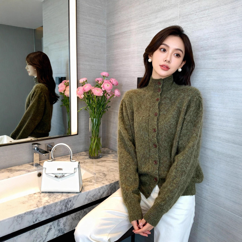 Cashmere Brushed Sweater Stand Collar Cardigan Jacket Women's Brushed Wool Sweater Base Loose Lazy Style Knitted Sweater Women