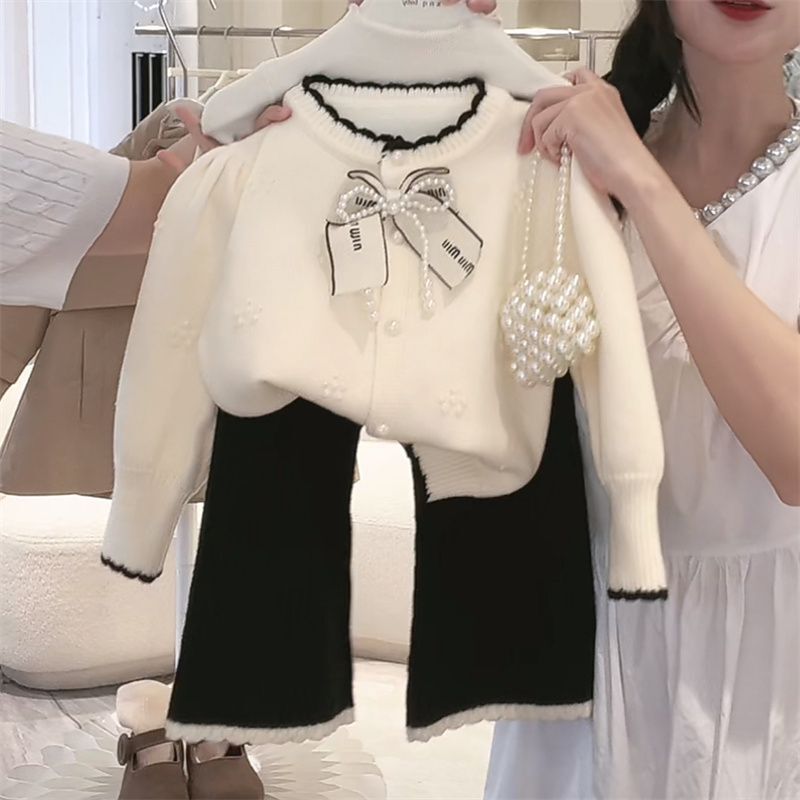女童秋季套装2025秋季韩系女宝宝小香风毛衣外套宽松喇叭裤两件套|undefined