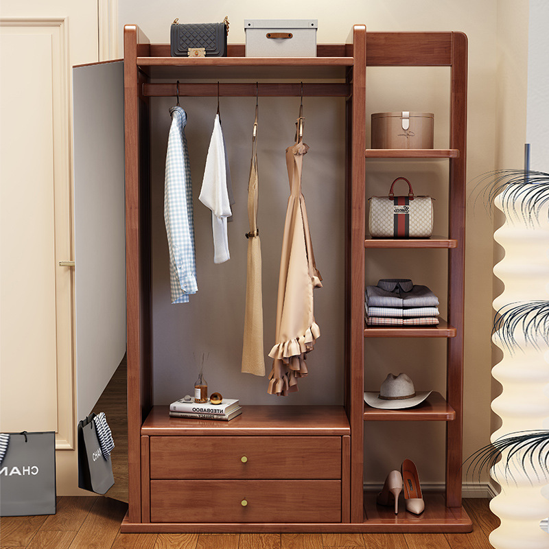 Solid Wood Household Rotatable Coat Rack with Drying Mirror Small Apartment Bedroom New Chinese Style Floor Multi-function Hanger