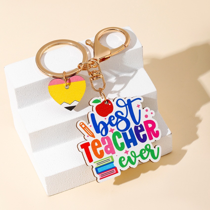 Letter, Heart Shape, Apple Pattern Modern Style Letter Heart Shape Apple Wood Teachers' Day Unisex Keychain