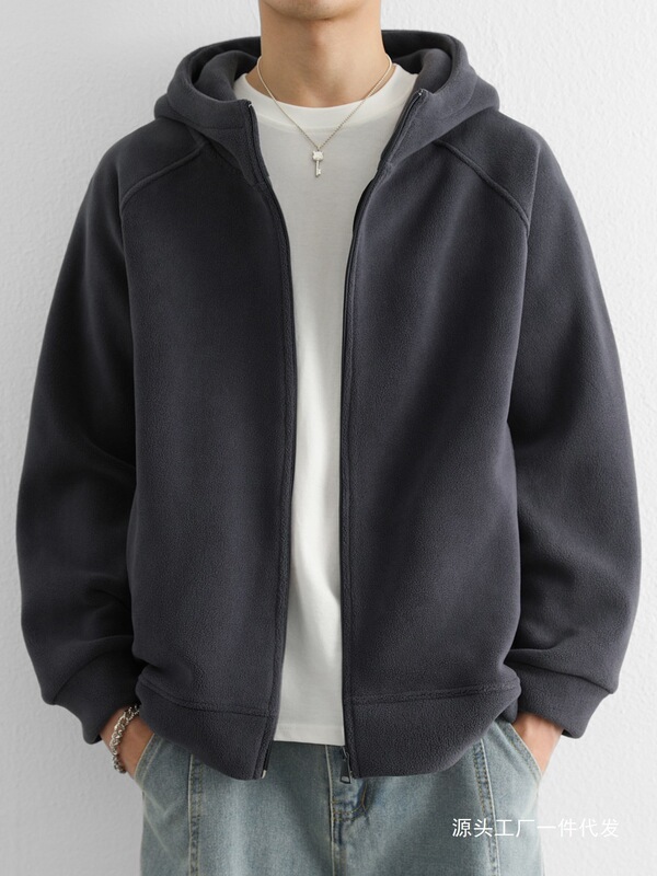 Double-sided fleece jacket for men, spring and autumn 2026 new model, thickened and warm fleece coat, outdoor casual hooded jacket