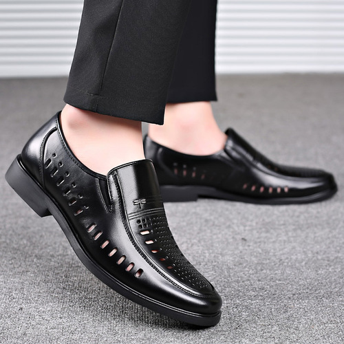 Leather Sandals Men's Genuine Leather Summer Men's Business Formal Wear Hollow Brown Anti-odor Cowhide Hollow Middle-aged and Elderly Dad Shoes