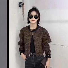 韩版时尚圆领豹纹短外套女2025秋季新款宽松休闲小个子夹克上衣潮