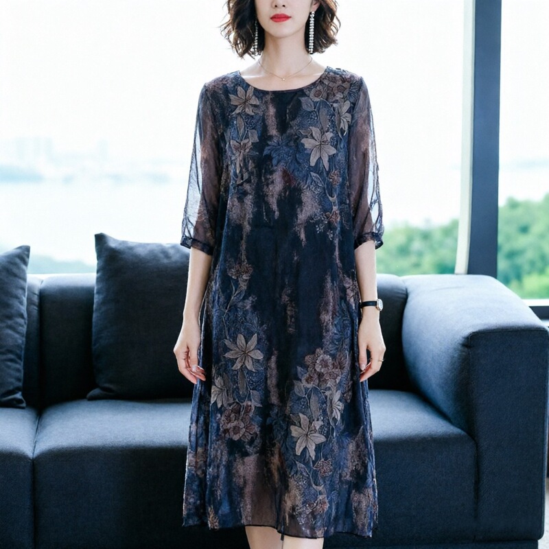Middle-Aged Mom's Mesh Dress 2026 Summer New Style Plus-Size Women's Mid-Length Loose Dress That Covers the Belly and Makes You Look Slimmer