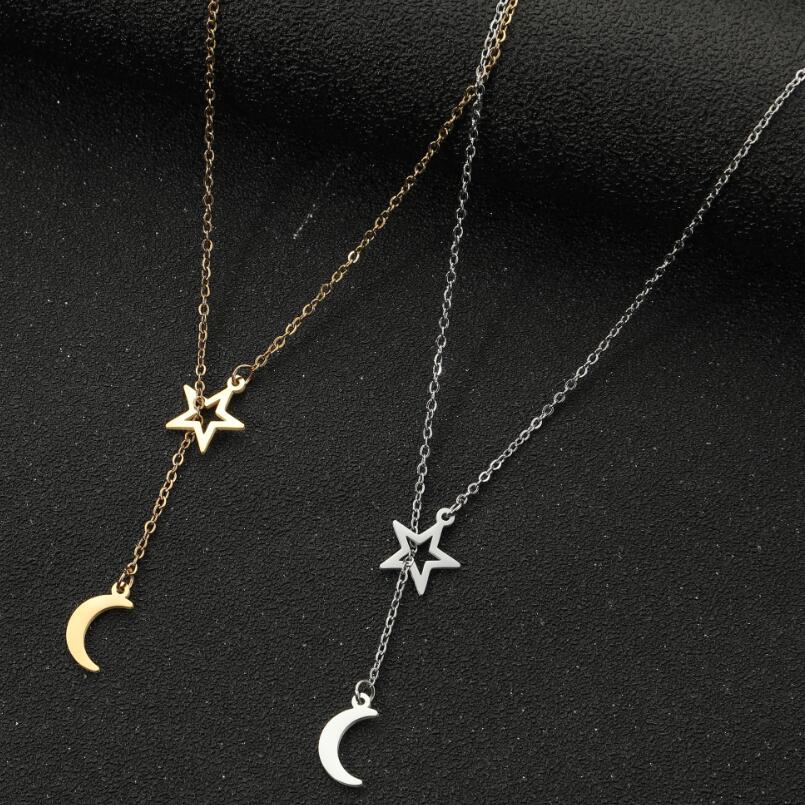 1 Piece Quantity Daily Occasion PVD Coated 18K Gold Real Gold Plated Star Moon 201 Stainless Steel Modern Style Simple Style Waterproof Non Tarnish 201 Stainless Steel Pendant Necklace