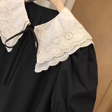 实拍2023法式甜美双层娃娃领连衣裙女夏季学院风设计泡泡袖小黑裙