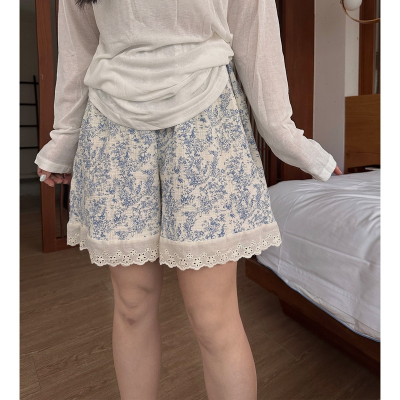 UEstudio Guofeng Pure Cotton Pajama Pants Floral Loose Lace Stitching Double-Layer Yarn Home Pants Women's Summer New