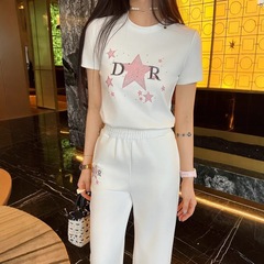 2025春夏D家の新型カジュアルスーツの星の図案のホットドリルの装飾のtシャツは腰の広い足のズボンの潮を締めます。