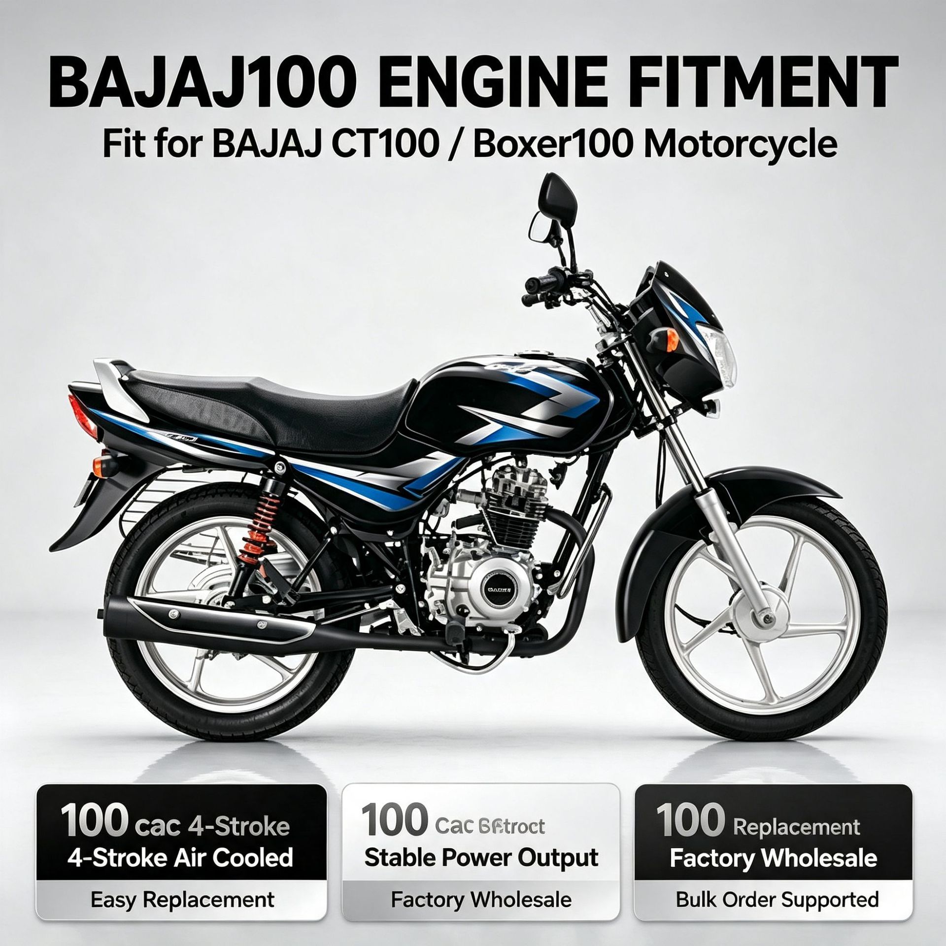 Cross-border export of BAJAJ100 motorcycle engine assembly, single-cylinder air-cooled 100cc, compatible with CT100