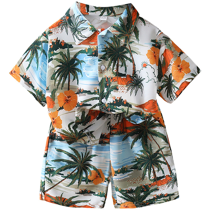 7219 Traje de camisa de flores para niños 2025 nueva camisa de manga corta de celebridades de Internet de verano para niños ropa fina de vacaciones en la playa