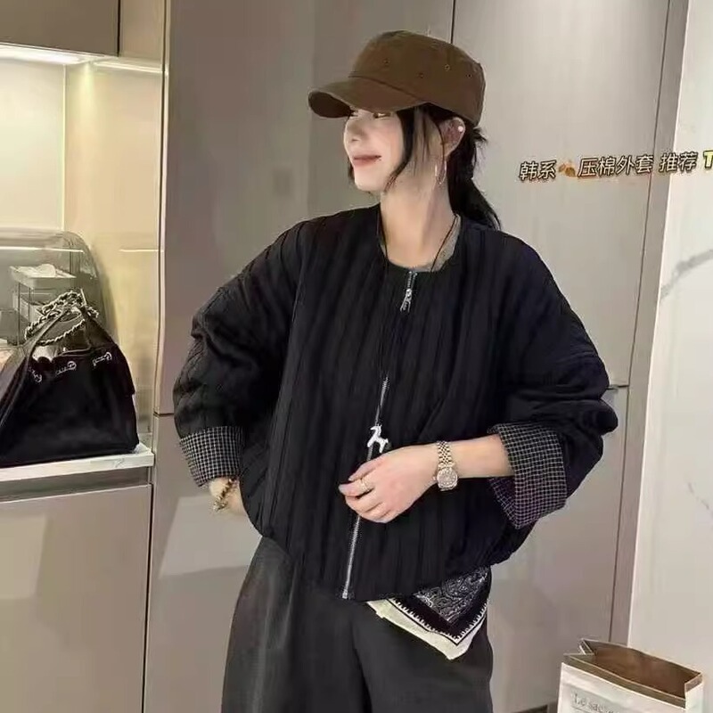 欧货绗棉加厚圆领短外套女2025秋季新款韩版百搭休闲夹克开衫上衣|undefined