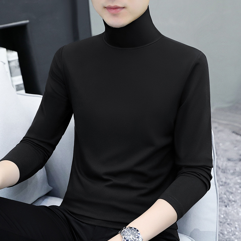Autumn and winter 95 cotton solid color long sleeved T-shirt men's base shirt mid neck warm clothing_voghion.com