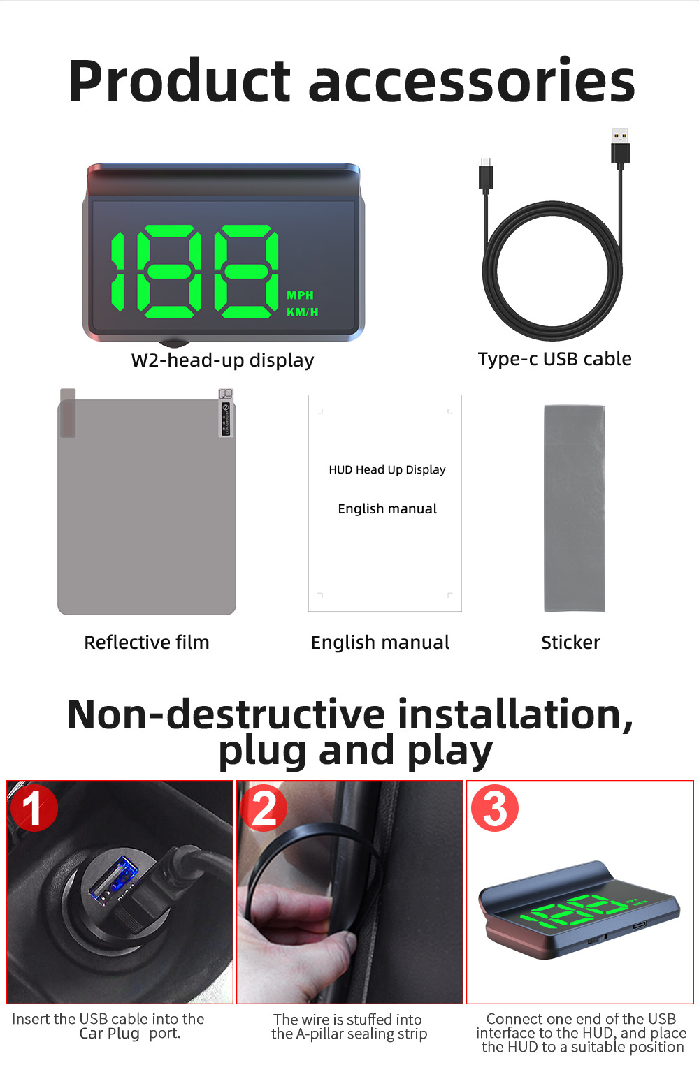 W2 Head-Up Display (HUD) for cars, universal speedometer, GPS, high-precision vehicle instrument projector for new energy vehicles