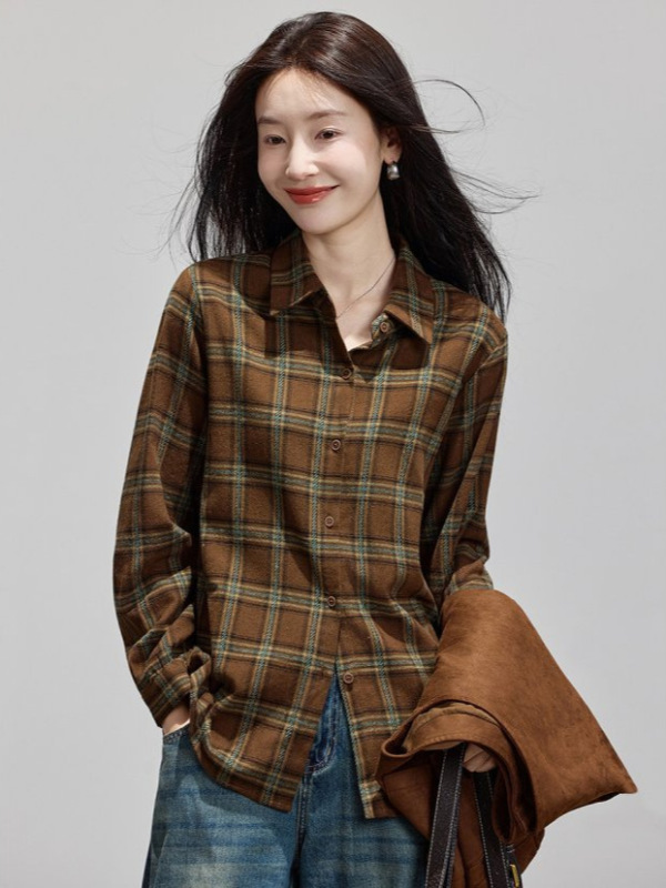 哥家商场同款女装2025秋季休闲时尚气质百搭长袖格纹衬衫上衣|undefined