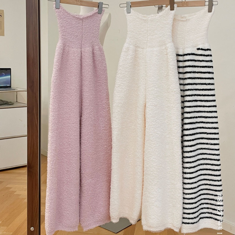 Half-Velvet Pajamas for Women, Autumn and Winter Stripesd Korean Style Contrasting Colors, Warm and Comfortable, Loose and Non-Constricting Home Pants That Can Be Worn Outside