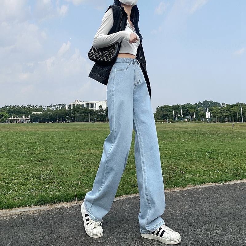 高腰vibe风阔腿牛仔裤女新款胖mm高腰显瘦直筒宽松小个子拖地裤潮