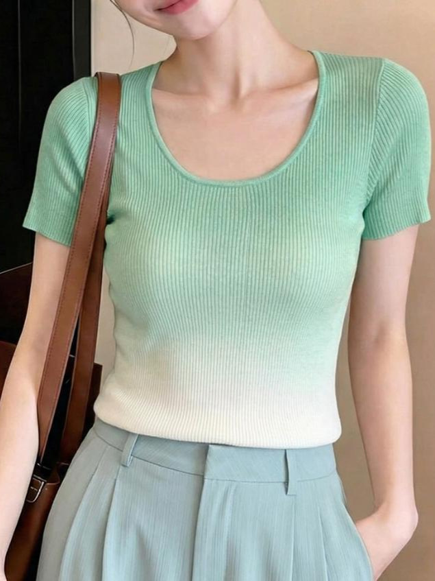 Áo thun nữ cổ U dệt kim lụa mát tay ngắn vai xuôi thiết kế Pháp thanh lịch — Xanh lá cây nhạtcolor, màu xanh huỳnh quang, hồng trắng