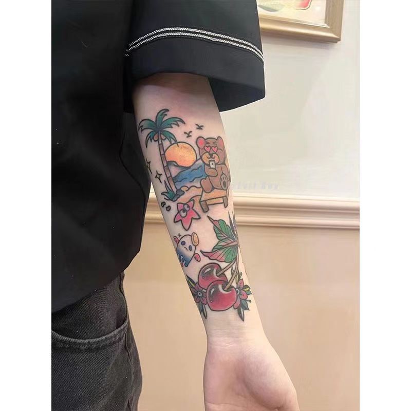 Summer oldschool Mosaic Flower Arm Color Tattoo Sticker High-end Aggressive Trendy Cool Men's and Women's Waterproof Painted Stickers