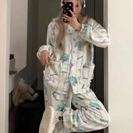 冬卡通可爱睡衣女款法兰绒保暖加绒加厚开衫珊瑚绒家居服两件套装