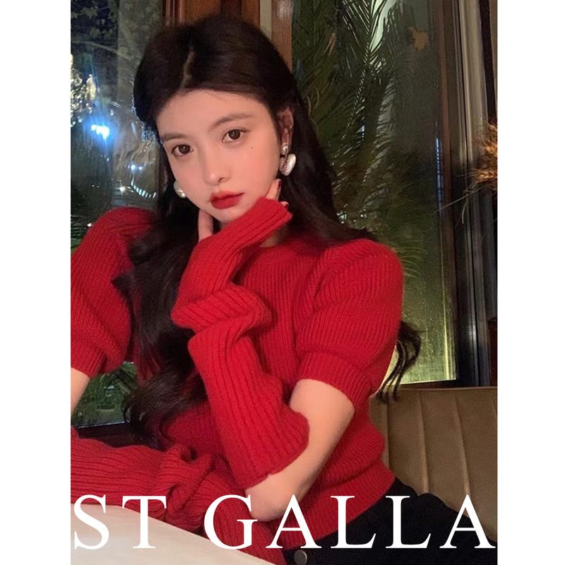 Hanyuan Apparel/French-Style High-End Red Sweater, Sexy New Year and Christmas Puff-Sleeve Short Knit Top
