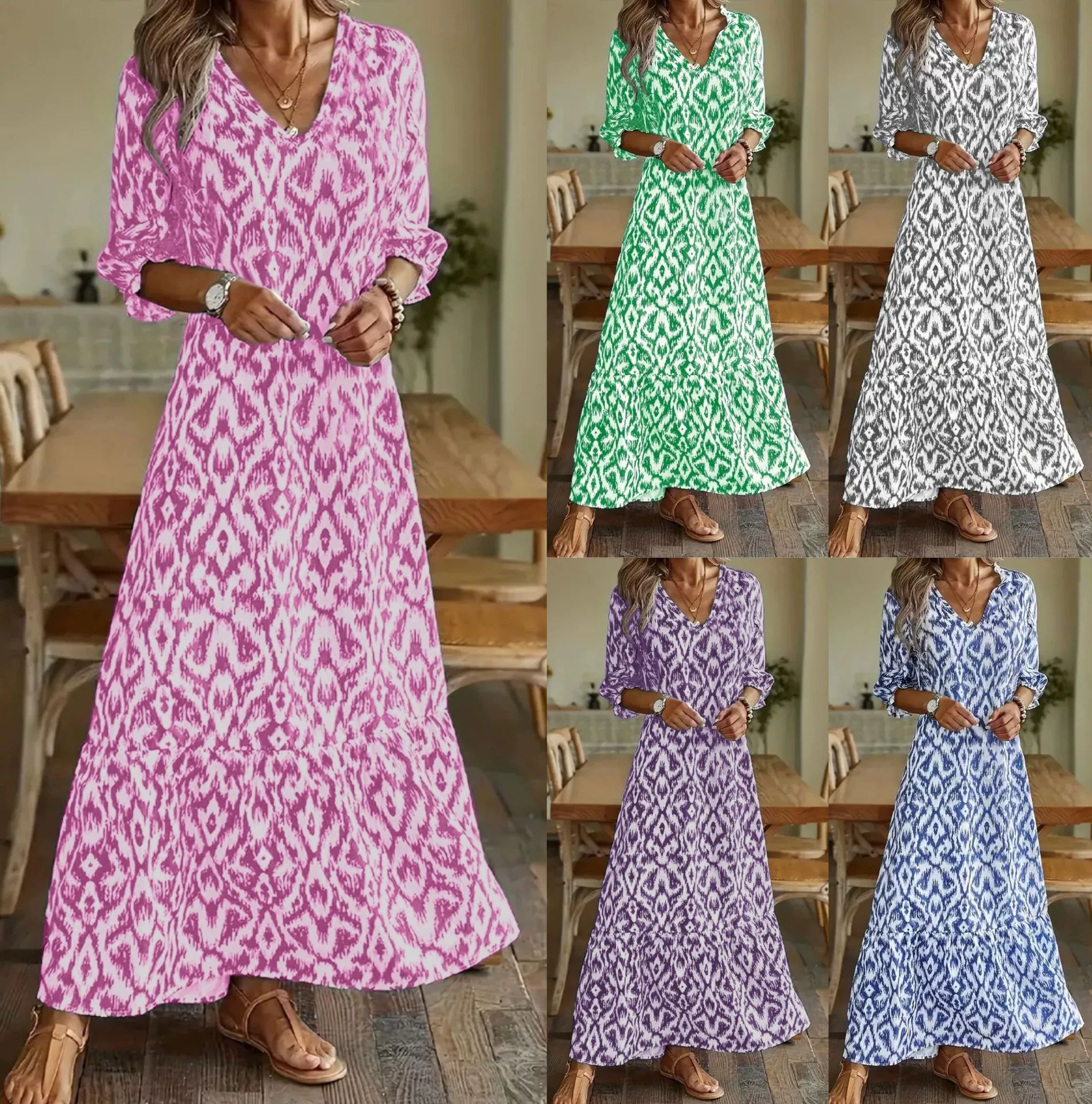 2023 Европейская и американская независимая станция, осенне-зимнее модное повседневное милое свободное длинное платье со средними рукавами и v-образным вырезом с принтом