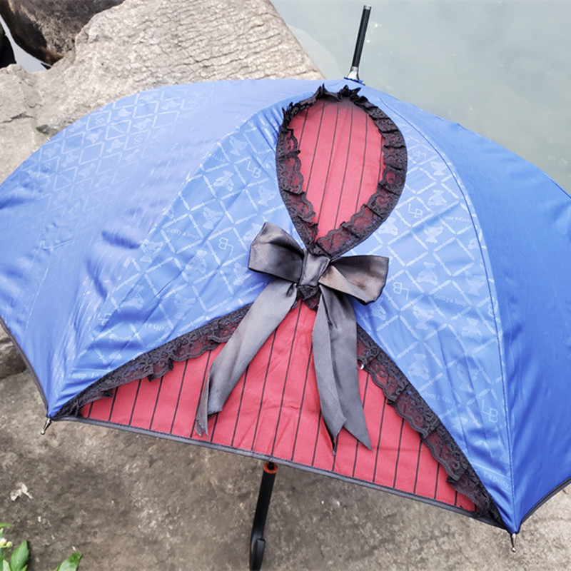 Pure Original Lightweight Lace Bow Silver Adhesive Sun Protection Umbrella Straight Handle Umbrella Gothic Style Printed Fiber Bone Umbrella