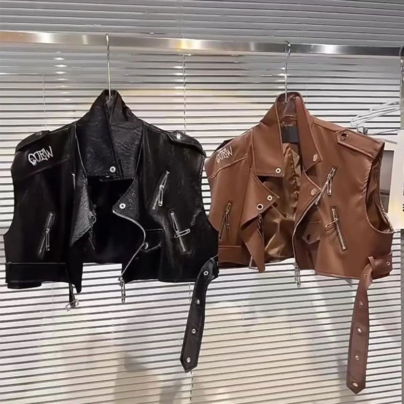 Internet Celebrity European Letter Embroidered PU Patent Leather Jackets Vest Women's 2023 Spring and Summer New Style Fried Street Locomotive