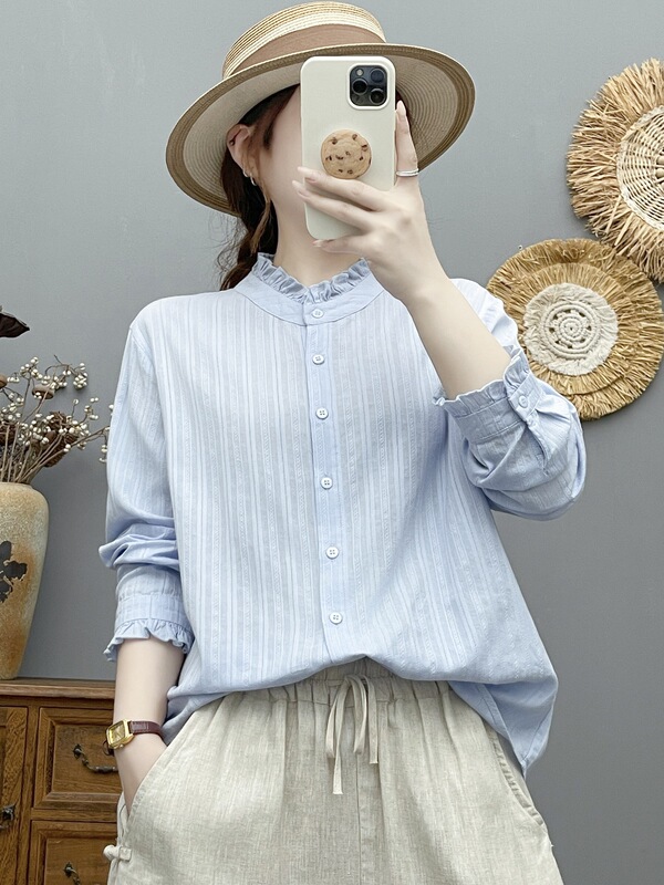 French-style lace collar long-sleeve shirt for women, fashionable and chic, made of pure cotton fabric, perfect as an inner layer or base top