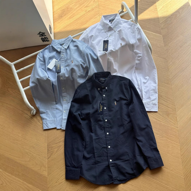 Cross-Border High-Quality Foreign Trade Single Pull Men's and Women's Pony Color Label Embroidered Long-Sleeved Oxford Casual Shirt