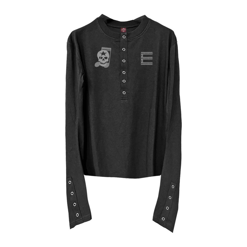 DETW 25AW*Dark Style-Skull Henry Collar Long Sleeve Slim Fit High-End Base Shirt Unisex T-Shirt