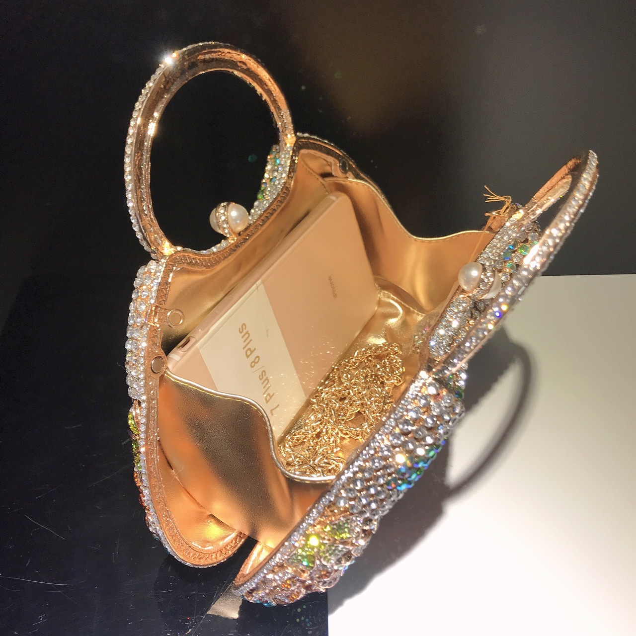 Túi clutch dạ hội nữ đính kim cương hoa cúc nhỏ — Màu đen chi tiết 5