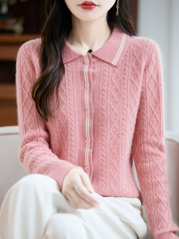 新款秋冬100羊毛女Polo衫时尚翻领开衫毛衣减龄针织衫短款一件代|undefined