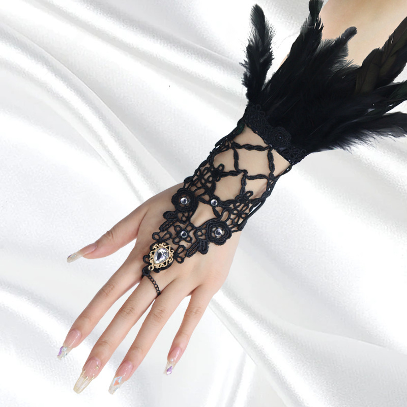 Nuevos productos transfronterizos de plumas, pañuelos de diamante, brazaletes de encaje, espectáculo de baile, vestido sexy, set oscuro