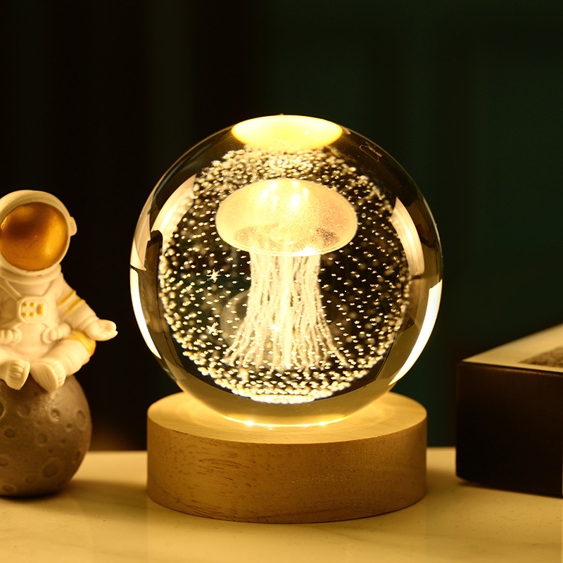 Fabricante directo de lámpara de noche de cristal luminoso láser 3D tallado en base de madera sólida decoración de escritorio creativa pequeño regalo