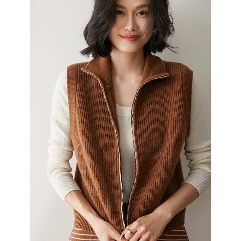 Autumn and Winter New Style Zipper High-Aged Vest, Versatile Slimming Cashmere Sweater for Women, Casual, Comfortable, Soft, Waxy and Warm, Super Thick