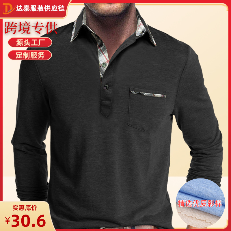 European and American Men's Long-Sleeved Lapel T-Shirts Export Men's Polo Shirts Cross-Border Autumn and Winter Bottoming Shirts Tops Polos Wholesale