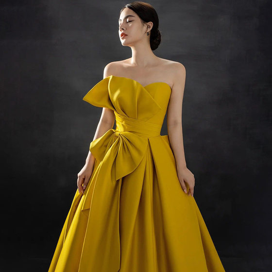 Yellow Strapless Birthday Adult Ceremony Evening Dress Dress Women's Light Luxury Niche Dame Texture Vocal Art Test Host
