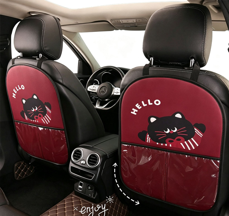 Women's Cute Cartoon Car Seat Back Anti-Kick Pad, Car Seat Back Anti-Stain Pad with Storage Strap