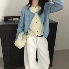 2025秋季新款针织开衫女圆领假两件羊毛毛衣外套韩版宽松百搭上衣