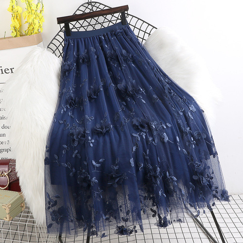Three-dimensional embroidered flower mesh skirt  new style fresh and sweet slimming mid-length fairy skirt autumn and winter women