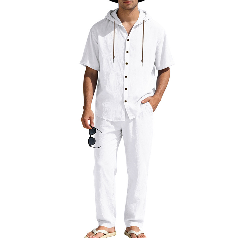 Herren Sommer Leinen Set Kurzarmhemd Und Hose Im Casual Style_voghion.com