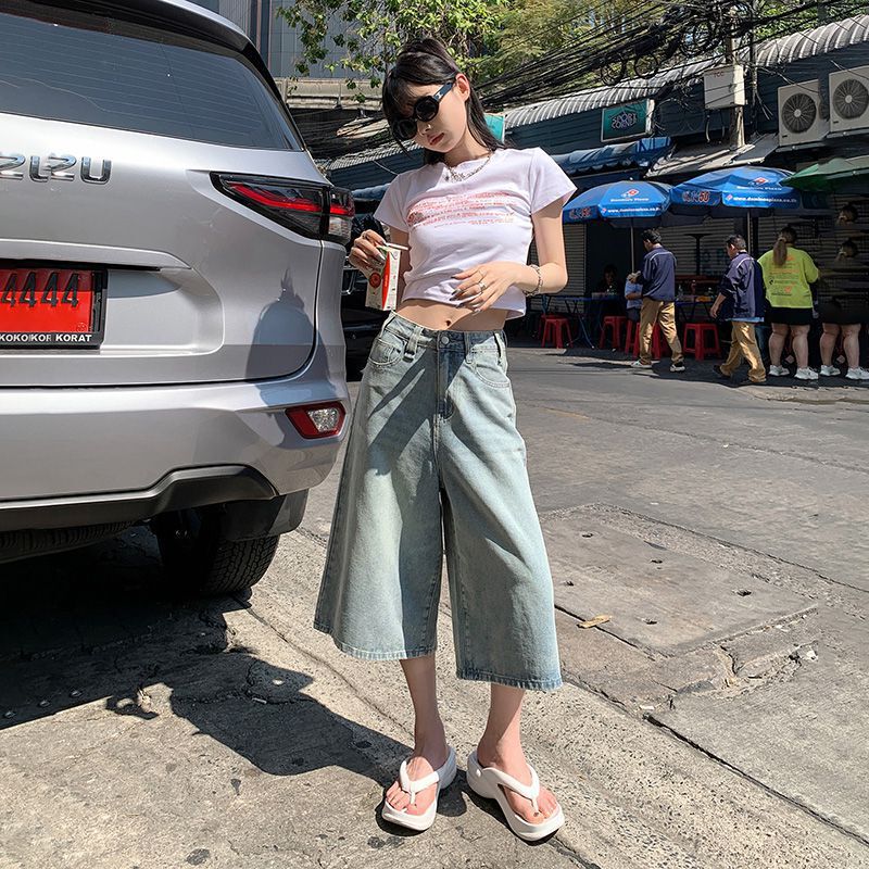 American Style Retro Black Grey Cropped High Waist Wide Leg Jeans Women's Summer New Loose Slimming Washed Jeans