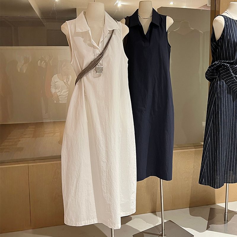 Casual and Elegant Polo Collar Sleeveless Dress for Women Summer Daily Loose Elegant Vest Dress Relaxed White Long Dress