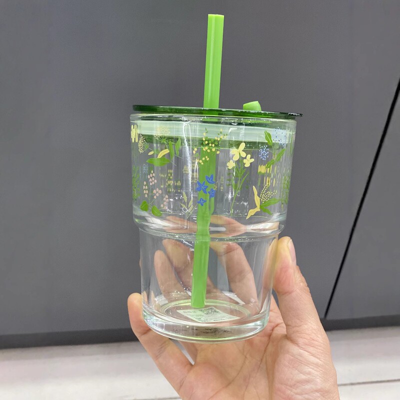青りんごストローカップ大容量グラス耐熱カップ牛乳コーヒーカップ蓋可愛い朝食カップ|undefined