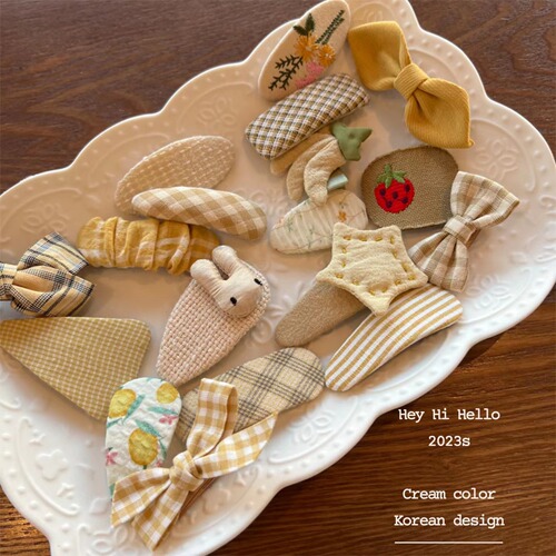 Korean new cream-colored fabric children's hair accessory bow hair clip with scattered hair, grid, solid color BB hair clip hairpin
