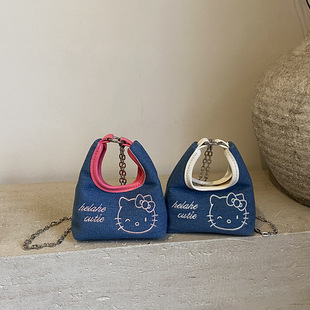 Cute Cartoon Cat Embroidered Handbag 2025 New Korean Denim Mini Chain Crossbody Bag Coin Purse